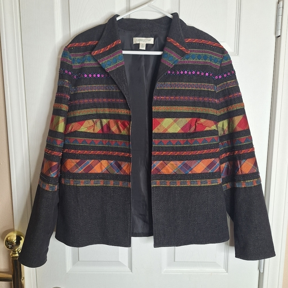 Coldwater Creek Jacket Denim Blazer Embroidered Ribbon Open Artsy Size 14